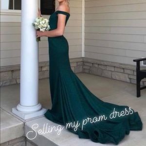 Jovani off the shoulder emerald prom dress
